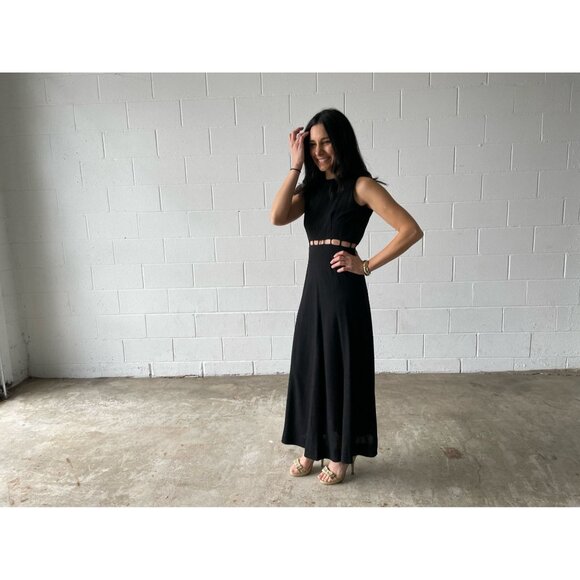 Vintage mod black dress cutout midriff | maxi dress | sleeveless party dress - Picture 3 of 10